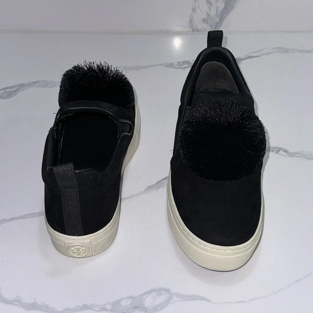 Tory Burch Pom Pom Designer Sneakers Shoes Black Women's Size 7.5